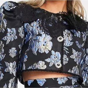 Sister Jane long sleeves cropped jacket in bold blue jacquard floral.